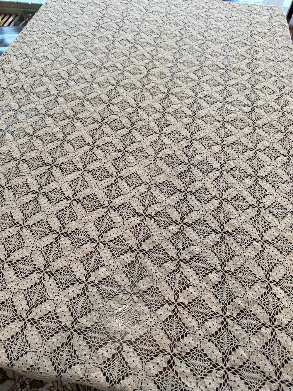 Vintage Handmade crocheted Ecru Victorian tablecloth 69”x50” heirloom cottage
